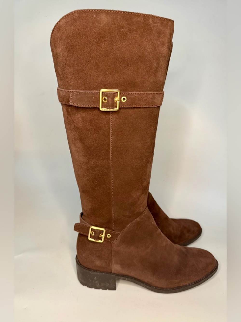 Cole Haan Waterproof Brown Suede leather tall Boots Brass Hardware Size 9 B